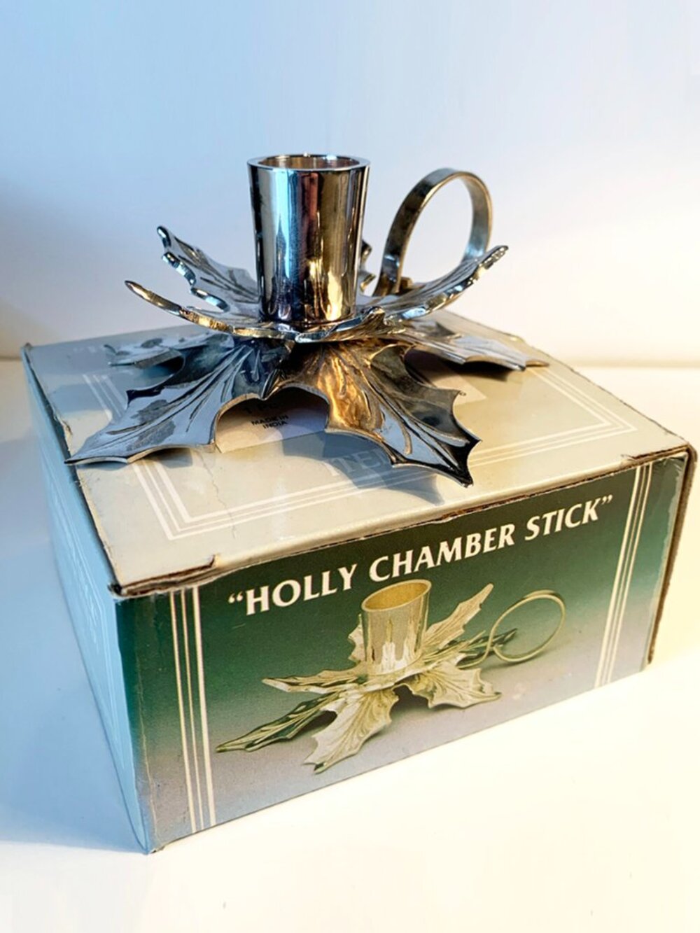 Vintage Sadek Silver Plated Holly Chamberstick Candle Holder NIB Christmas